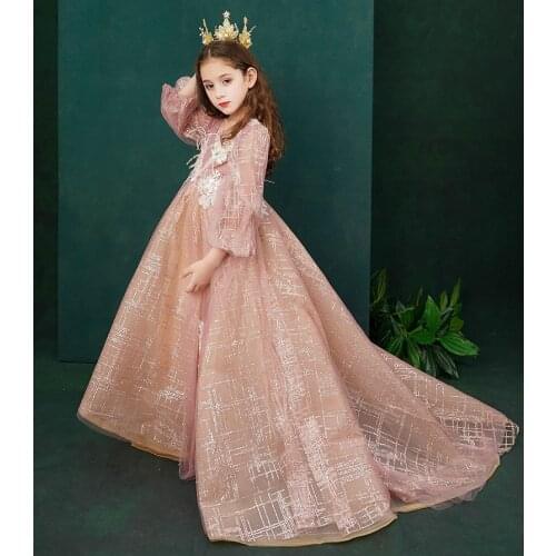 Gold Print Flower Girl Dresses Long Tail Girls Pageant Dresses Beaded Little Girl Dress Long Sleeve Model Walking Show Girl In