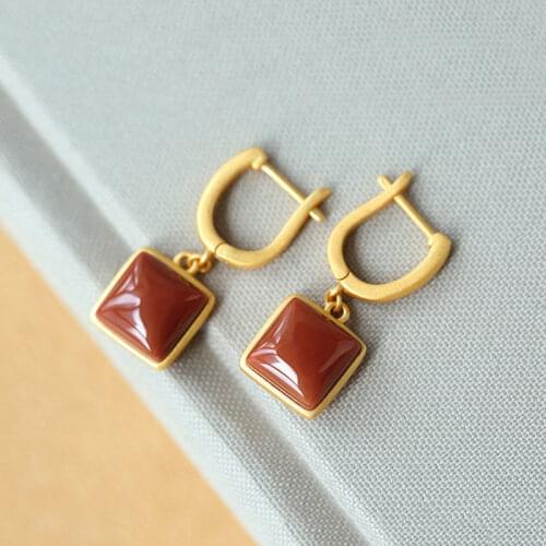 Natural South Red Agate Square Earrings S925 Womens Sterling Silver Antique and Ethnic Style Versatile Fashion Retro Silver Ac