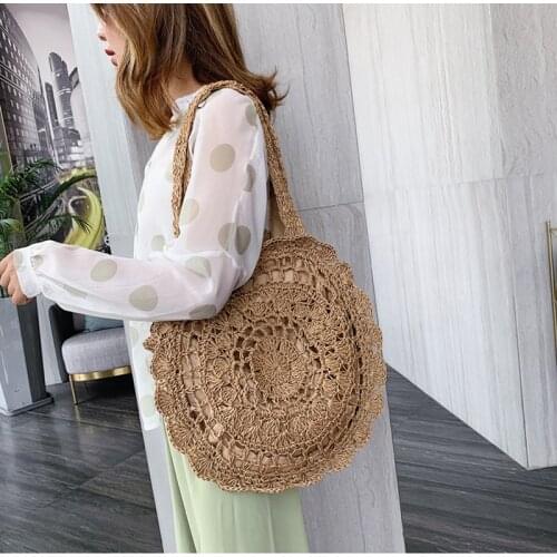 Hand-Woven Straw Bag Women Handmade Hollow Handbag Circle Shape Rattan Bag Big Capacity Summer Handbag Casual Travel Beach Bag
