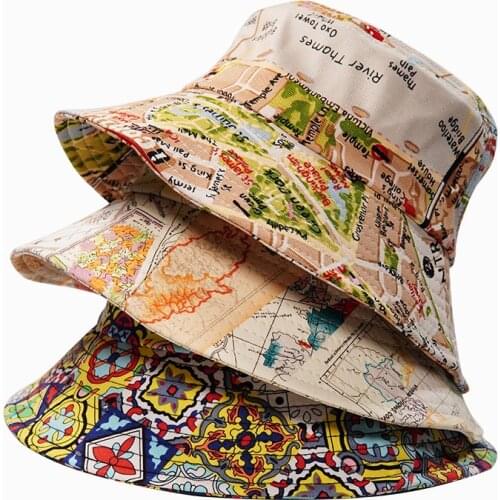 2021 Harajuku Map Print Fisherman Hat Reversible Bucket Hats For Men Women Floral Outdoor Street Hip Hop Letter Fisherman Hat