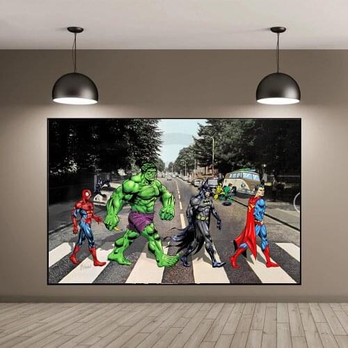 Marvel Superheroes on The Road Canvas Painting Hulk Boxing Funny Posters and Prints Wall Art Pictures for Living Room Home Decor
