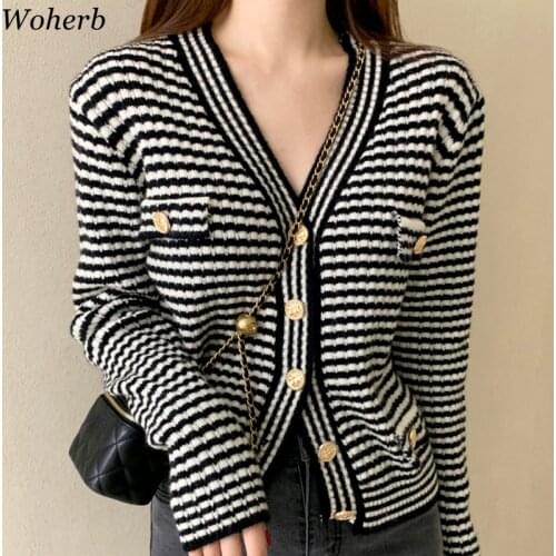 Woherb Striped Knitted Cardigan Women Korean Chic Simplicity V-neck Loose Sweater Coat Autumn Long Sleeve All-match Sweaters