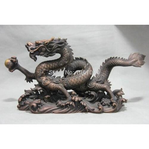 Xd 001120 Chinese Fine Pure Red Bronze Copper fengshui Auspicious Dragon Play Bead Statue