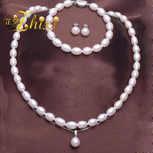 ZHIXI Pearl Jewelry Sets For Women Fine Jewelry White Real Pearl Necklace bracelet Pendant Earrings For Women Classic Gift T11