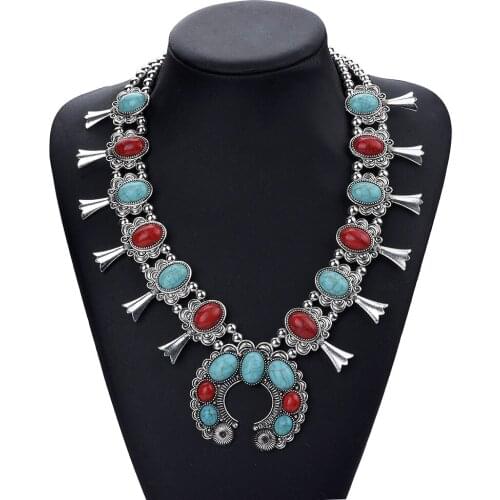 Vintage Women Jewelry Accessories Ethnic Multi Layer Chain Red Stone Crescent Pendants Statement Necklace for Wedding
