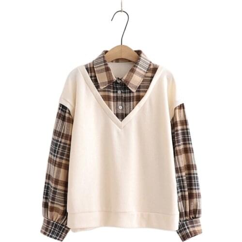 Women Sweatshirt Sweet Plaid Fake 2 Piece Patchwork Long Sleeve 2021 Spring Turn-Down Collar Harajuku Pullovers 2012389