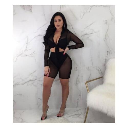 Womens Cropped Shirt, See-Through Pants, Wrapped Long Sleeve Casual Elastic Mesh Lace-up Suit