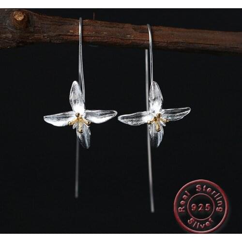 Amxiu Handmade Lily Flower Dangle Earrings Two Tones Color 925 Sterling Silver Earrings for Women Girls Wedding Party Jewelry