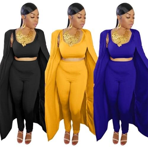 2020 Fashion Women Three Pieces Sets Sexy Square Collar Vest Crop Tops + High Waist Pencil Pants + Cardigan Long Sleeve Coats