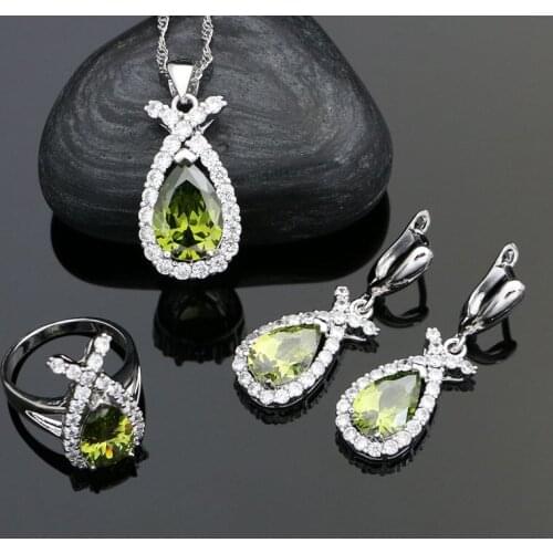 Fish Shaped 925 Silver Jewelry Sets For Women Olive Green Cubic Zirconia White Crystal Earrings Ring Necklace Pendant Set