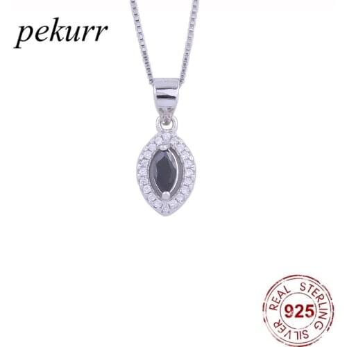 Pekurr 925 Sterling Silver Zircon Black Gem Oval Necklaces For Women Mini Crystal Geometry Pendants Party Fashion Jewelry
