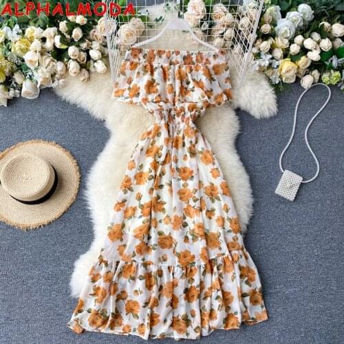 ALPHALMODA Halter Neck Off-shoulder Women Holiday Beach Dress High Waist Ruffled Trim Ladies Printed Mid-calf Chiffon Dress