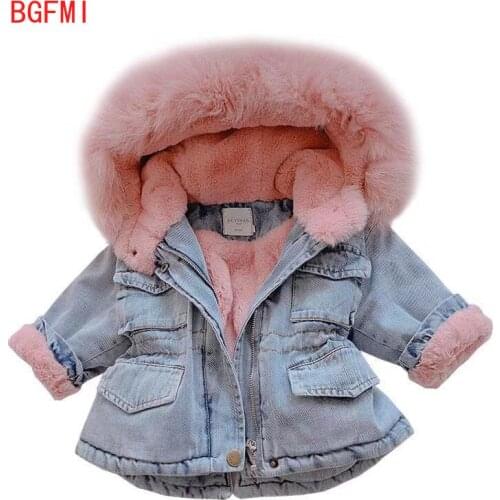 2019 Winter Baby Girl Denim Jacket Plus Velvet Real Faux Fur Fleece Warm Toddler Outerwear Coats Kid Infant Parka Windbreaker