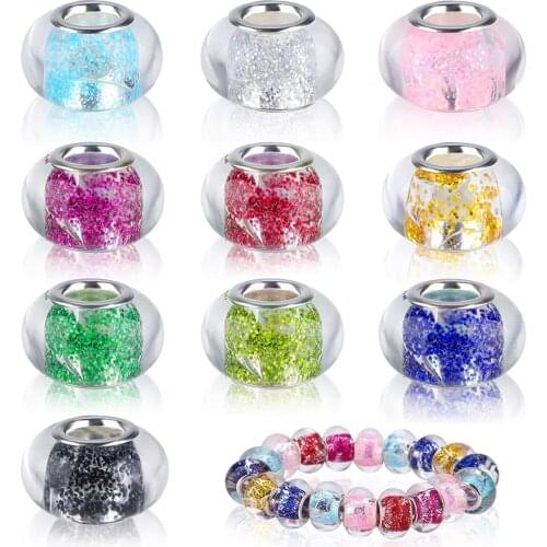 10Pcs New Handmade Glitter Powder Resin Murano Charms Big Hole Round Rondelle Spacer Beads for Women Jewelry Making DIY Bracelet