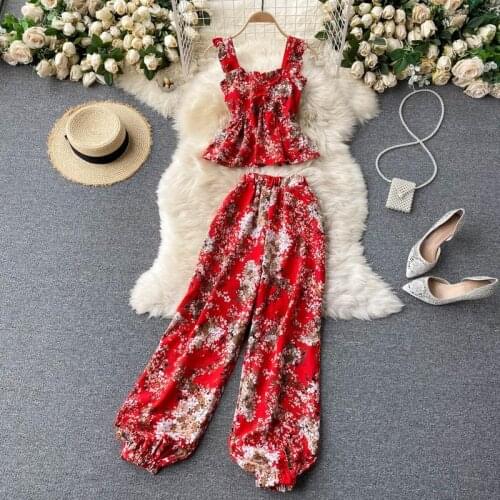 Women 2021 Summer Vintage Floral Printed 2 Piece Set Female Cami Top + Elastic Waist Pants Sets Blouse Pants Two Pieces Set Y22