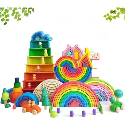 DIY 3D Wooden Toys Rainbow Building Blocks Rainbow Stacker Large Size Creative Montessori Educational Toys For Children Kids