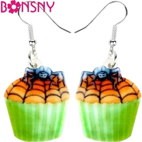 Bonsny Acrylic Halloween Spider Web Cupcake Earrings Drop Dangle Novelty Food Jewelry For Women Girls Teens Gift Party Wholesale