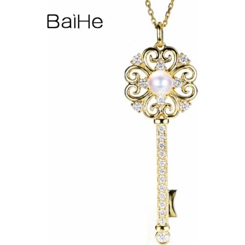 BAIHE Solid 18K Yellow Gold 5-5.5mm Round cut Natural Freshwater Pearl Engagement Fine Jewelry Gift Beautiful pearl key Pendant