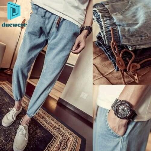 Autumn Winter Jeans Mens New Elastic Drawstring Tethered Slim-Fitting Feet Nine-Point Pants Black All-Match