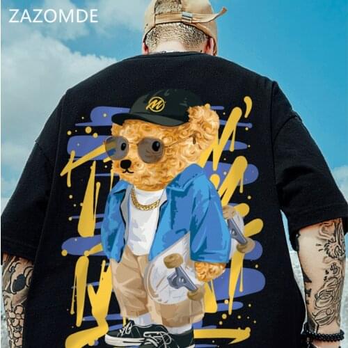 ZAZOMDE Japanese Harajuku Tees Cool Personality Bear Men Hip Hop T-Shirt Streetwear Summer Tops Cotton Black And White Tshirt