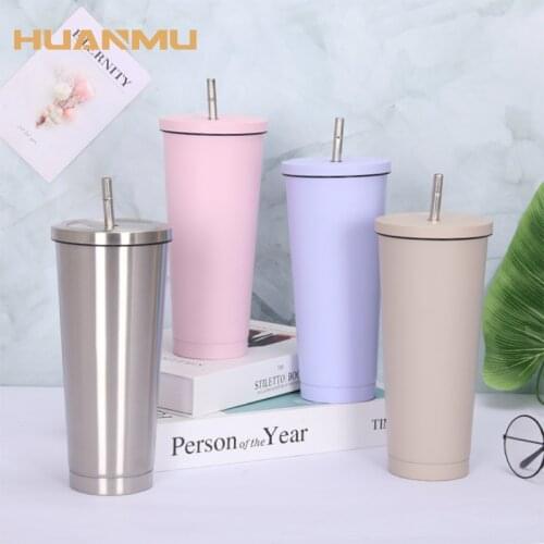 750ml 304 Stainless Steel Skinny Tumbler Cup with Straw Lid Travel Double Wall Vacuum Insulated Coffee Mugs Solid Color Large