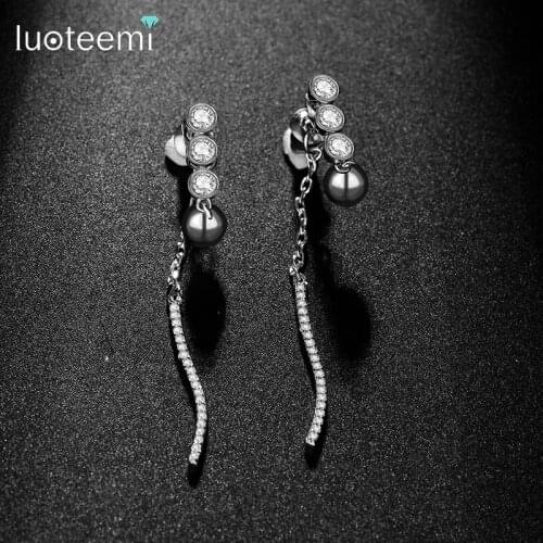 LUOTEEMI Korean Office Style Smooth Ball Bead Pendant Double Sided Long Chain Stud Earrings Wedding Jewelry for Women Gift