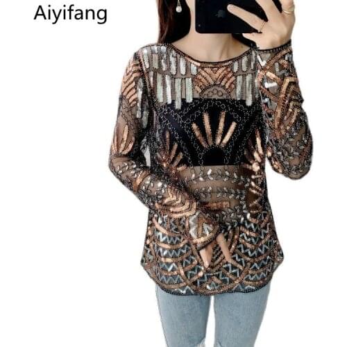 Sweet Spring Sequins Embroidery Lace T-Shirt Tops Womens Sexy See-Through Black Mesh Tees Long-Sleeve Pullover Bottoming Shirt