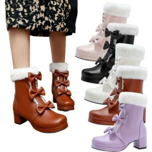 Sweet Womens Lolita Bowtie Lace Up Ankle Boots Block Heel Shoes Big SZ 34-48 Warm Winter Snow Thick X-Mas Gift