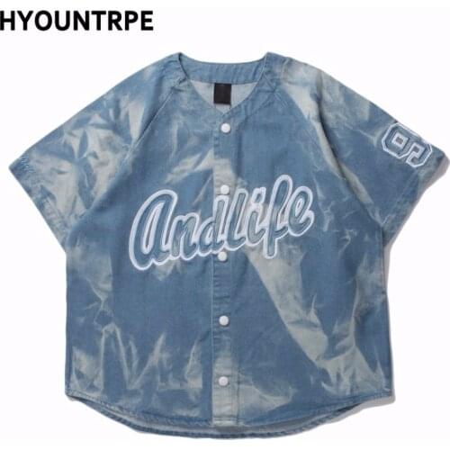 Men Denim Baseball Tee Shirt Fashion Irregular Washed Single Breasted Tops Hip Hop Casual Shirts Harajuku Tees Shirts Streetwear