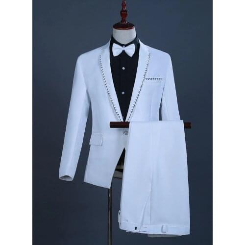 Men White Dress Suit Jacket Mens Blazer Suit Homme Slim Coat Pants Formal Party Wedding Groom Singer Men Clothing Costume Homme