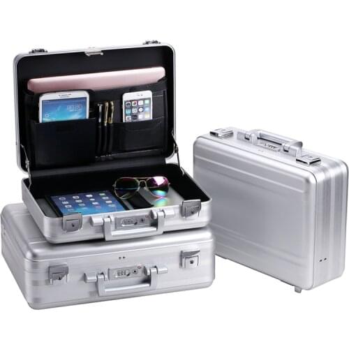 Mens Luxury Metal Briefcase Aluminium Magnesium Alloy Travel Case TSA Lock Aluminium Frame Briefcase Silver Laptop Case