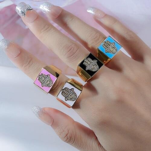 2021 New Square Gold Color Copper Enamel Rings Unisex Colorful Cute Rings Hand Shape Micro pave CZ Ring for Women Man Jewelry