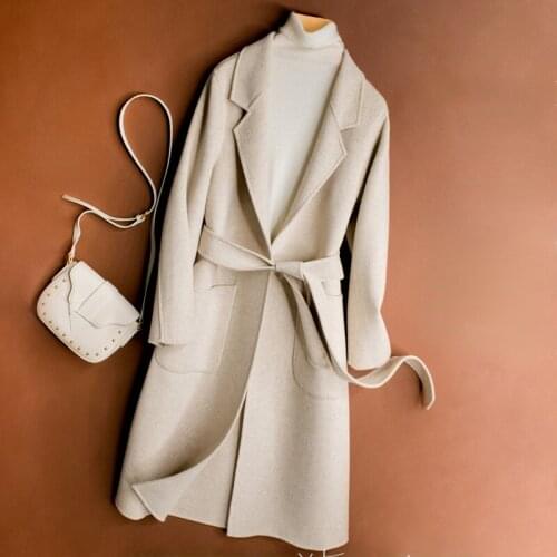 Womens Coat Long Slim 100% Wool Coats Female Beige Jackets with Belt Autumn Fahsion Korean Women Clothing Veste Femme WPY4243