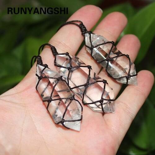 Runyangshi 1pc Natural clear quartz pendant white crystal column Hand knitting Net pocket Necklace for gifts