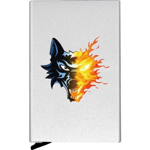 Silver Metal Case Cool Fire Wolf Head Design Credit Card Holder Women Slim Anti Protect Travel ID Cardholder Men Rfid Wallet