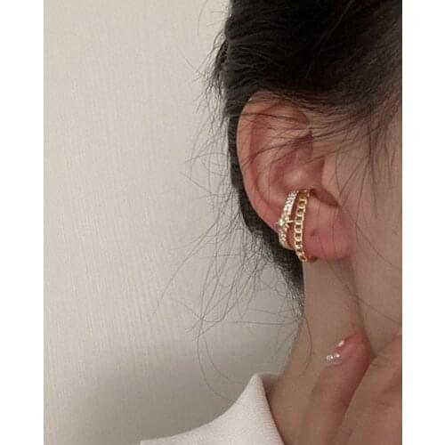 Goth Gold Color Double Layers Full Crystal Ear Cuff U Pin Clip on Earrings Fake Piercing Earcuff Earrings for Women
