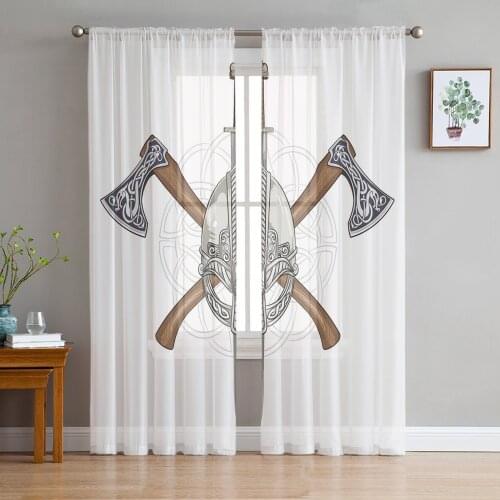 Helmet Sword Axe Medieval Weapon Voile Curtains for Living Room Window Treatment Sheer Curtains for Bedroom Kitchen Drapes
