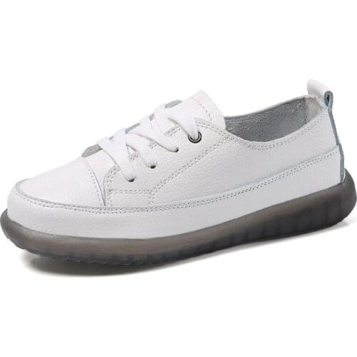 Sport Shoes Women Natural Genuine Leather Flat Casual Shoes Female Ballet Flats Lace Up White Court Sneakers Ladies Flats 563