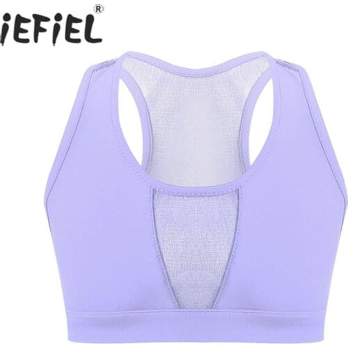 Kid Girls Sleeveless Racer Back Stretchy Mesh Splice Sports Athletic Tanks Tops Crop Top for Dancewear Stage Performance Workout