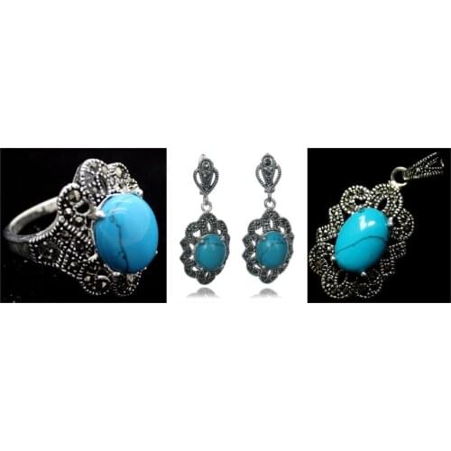 Vintage Blue Stone 925 Sterling Silver Marcasite Ring (#7-10) pendant and earrings sets 06