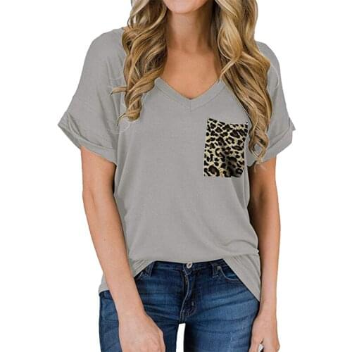 High Quality Tops Basic Plain Shirts for Women Oversized T shirt Top Women Leopard Pocket Plus Size Clothing Woman Tshirts