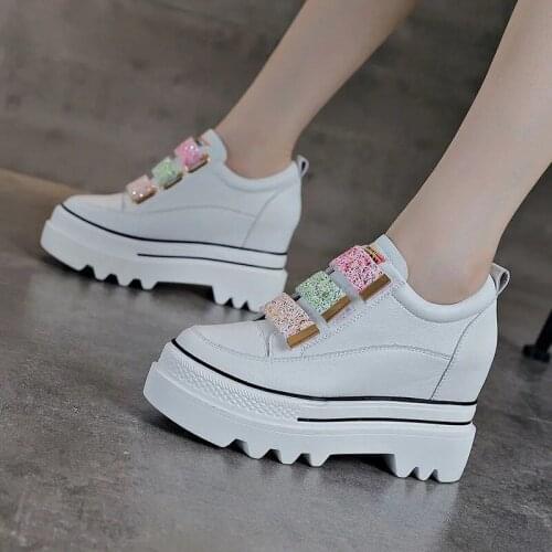 Women Casual Sneakers Platform Trainers White Shoes Bling Hook&Loop Autumn Wedges Leather Breathable Woman Height Increasing