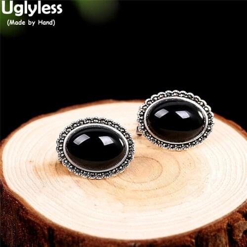 Uglyless Sexual Cold Wind Full Black Agate Studs Earrings for Women Marcasite Oval Gemstone Brincos Real 925 Silver Cool Jewelry
