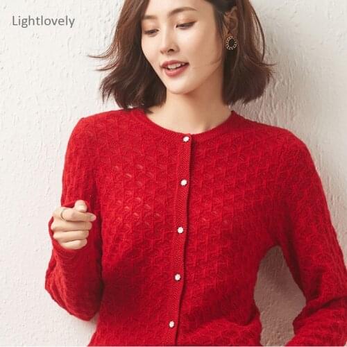 2021 Autumn Winter New Cashmere Cardigan Womens Round Neck Loose Wild Knit Sweater Base Shirt 100%Pure Wool Warm Jacket Tops