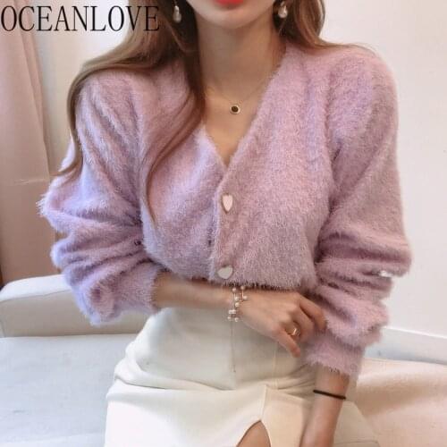 OCEANLOVE Knit Wear Solid V Neck Elegant Autumn Short Cardigans Women Korean Vintage Soft Winter Sweaters Female Warm 18530