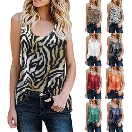 2021 Womens Sleeveless Vest Round Neck Fashion Casual Leopard Printed Base T-Shirt Loose Blouse Female