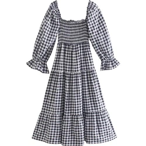 YENKYE New 2021 Women Sweet Bow Vintage Plaid Dress Female Sexy Square Neck Puff Sleeve Holiday Casual Summer Robe Midi Vestido