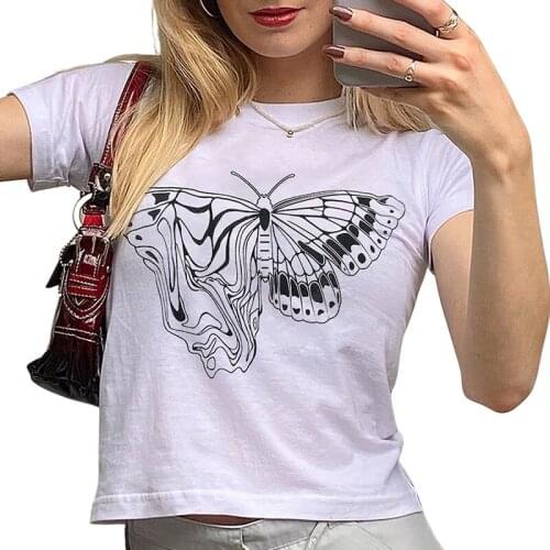 2021 Summer Woman Girls Short Sleeve Crew Neck Butterfly Print High Street Women Clothes