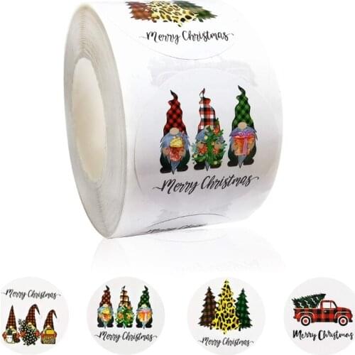 500Pcs Merry Christmas Round Stickers Roll Cartoon Gnome Xmas Tree Truck Adhesive Labels for DIY Envelope Seal Gift Wrap
