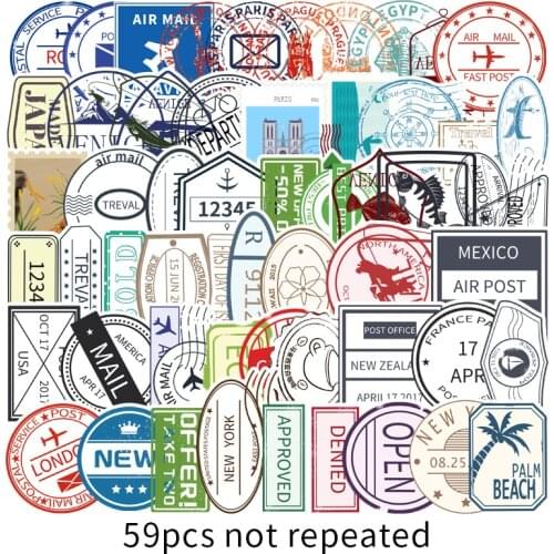 59PCS Retro Stamp Stickers Travel Landmark Building Postmark Postage Decals Sticker for DIY Suitcase Guitar Laptop Car Bike